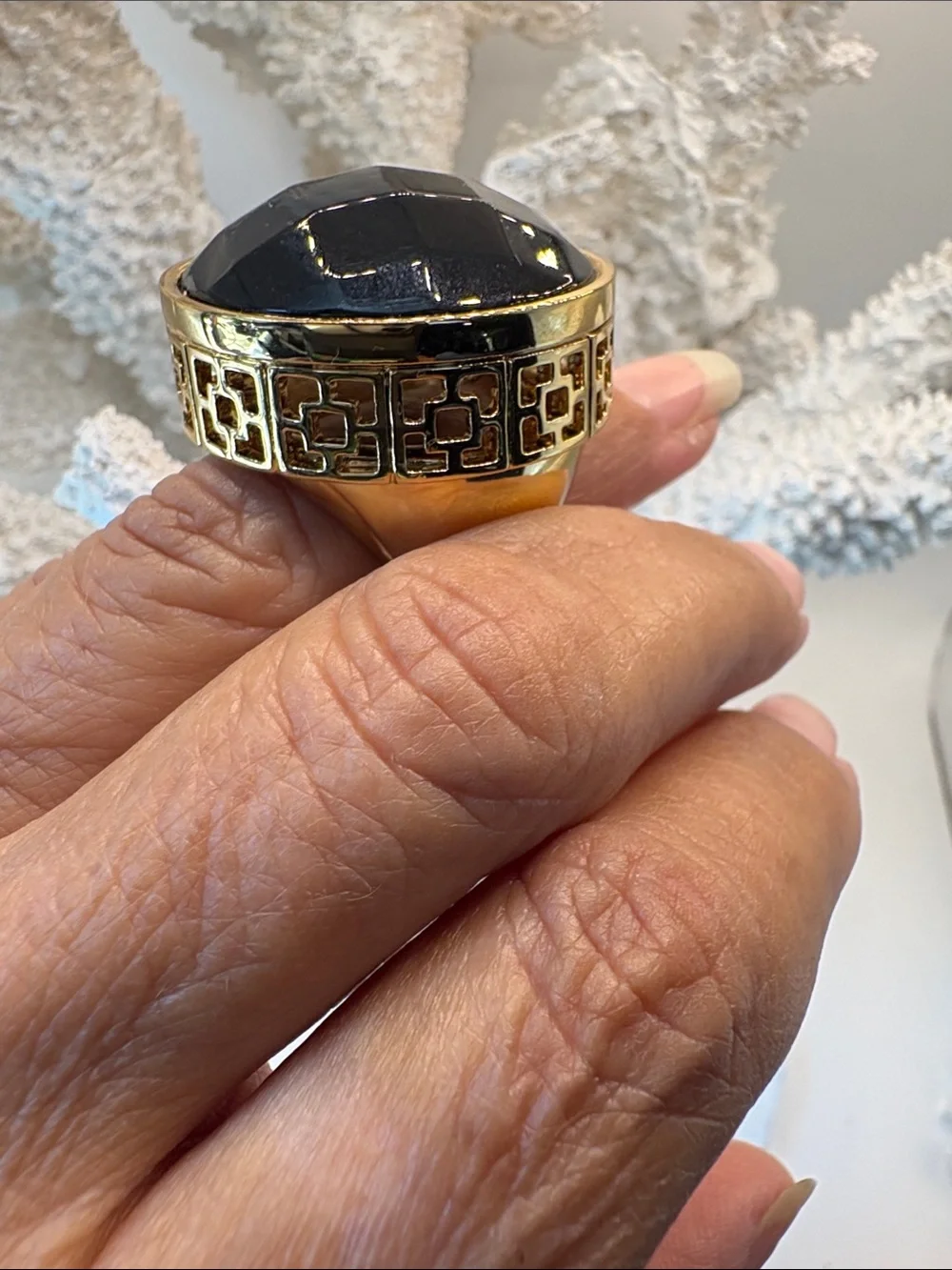 Trina Turk Gold-Tone Ring with Large Black Faceted Stone